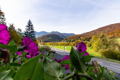 Zimmer 3 mit Doppelbett und Balkon in der Frühstückspension Route 145 - Zimmer/bed and breakfast in Bad Goisern in der Dachstein-Salzkammergut-Region
